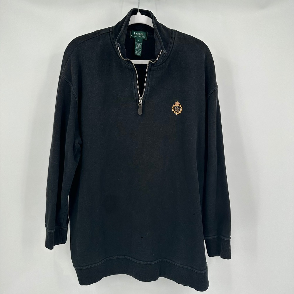 Lauren Ralph Lauren Mens Black Quarter Zip Pullover Crest Logo Sweatshirt Size L